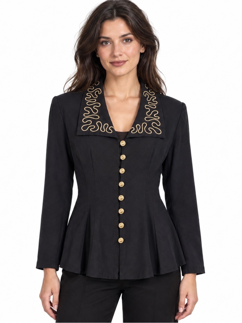 Vintage 80s Beechers Brook Black Gold Embroidered Collar Blazer Top Peplum Sz 10